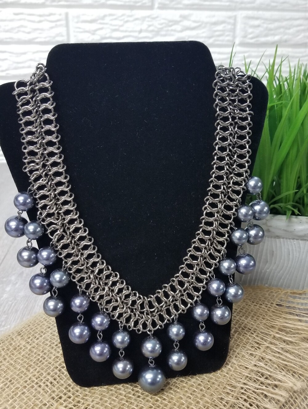 Chainmail Link Statement necklace W/ Grey Faux Pearls